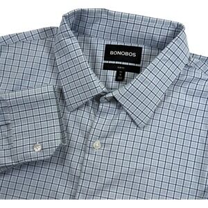 Bonobos Mens XL Blue White Plaid Performance‎ Stretch Slim Fit Button-Up